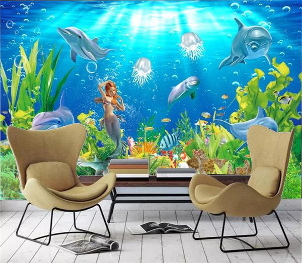 

promotional wallpaper 3d dolphin mermaid exquisite underwater world indoor tv background wall decoration mural wallpaper