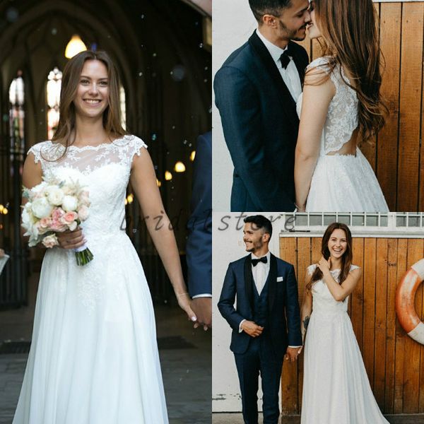 

simple white chiffon beach garden wedding dresses sheer neck lace bare back wedding gowns country boho bridal dresses for women 2015