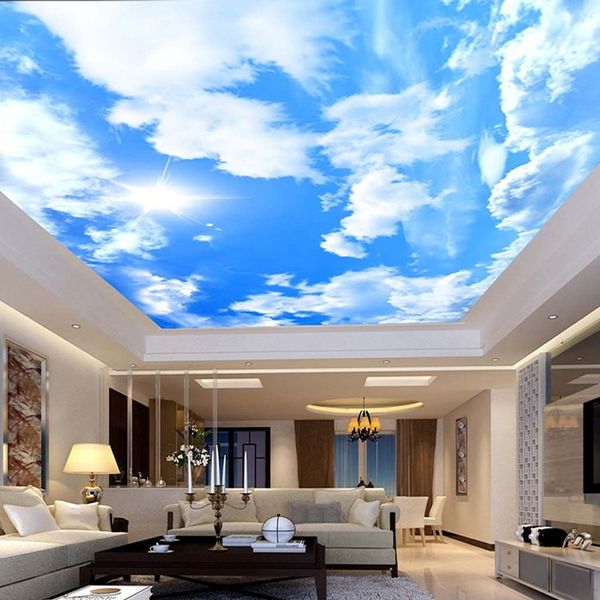 Personalizado Grande Ceiling Mural Wallpaper simples moderno do céu azul e nuvens brancas Fresco Sala Hotel Wall Paper Papel De Parede