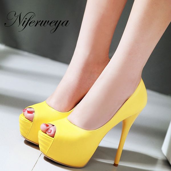 

14 cm spring/autumn platform thin heel high heels big size 32-43 peep toe slip-on women party shoes zapatos mujer, Black