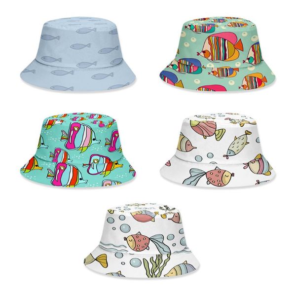 

взрослые дети лето bucket hat мультфильм рыб океана печати широкий брим рыболова cap, Yellow