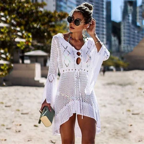 

ib8cr hollow knit horn sleeve beach holiday female hollow knit dress horn sleeve beach blouse holiday dress shirt bikini shirt bikini blouse, White;black