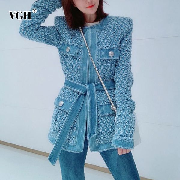 

vgh vintage blue denim jacket coats for women o neck long sleeve with belt autumn korean coat clothes female 2019 fashion new, Black;brown