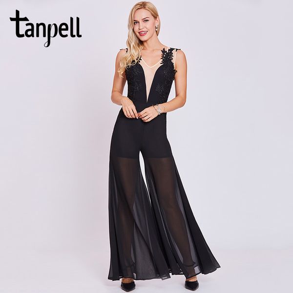 

tanpell jumpsuit style evening dresses black sleeveless appliques a line floor length dress women v neck formal evening dress, White;black