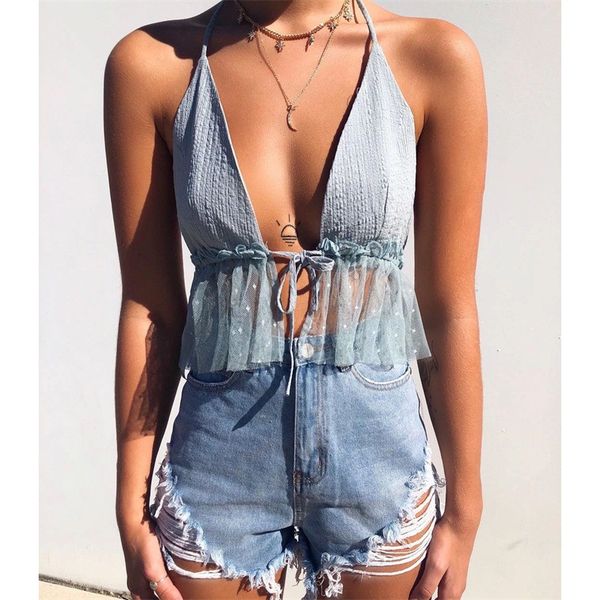 

women sleeveless crop backless vest v neck halter short bralette bustier mesh ruffles shirts for girls, White