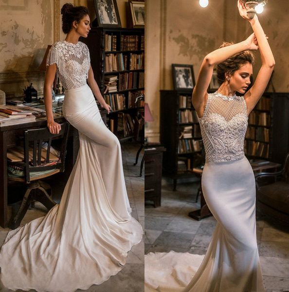 

2019 julie vino mermaid wedding dre e court train jewel neck hollow back lace atin beading pearl ta el wedding dre bridal gown