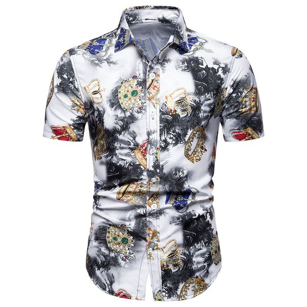 

feitong floral shirt men summer bohe floral short sleeve basic shirt blouse mens shirts casual slim fit plus size camiseta, White;black