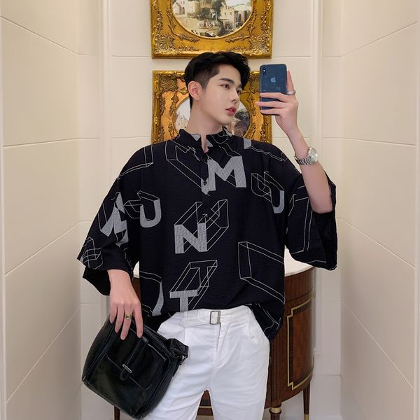 

men summer stand collar letter print loose casual black pullover shirt oversize male streetwear vintage short sleeve shirt, White;black