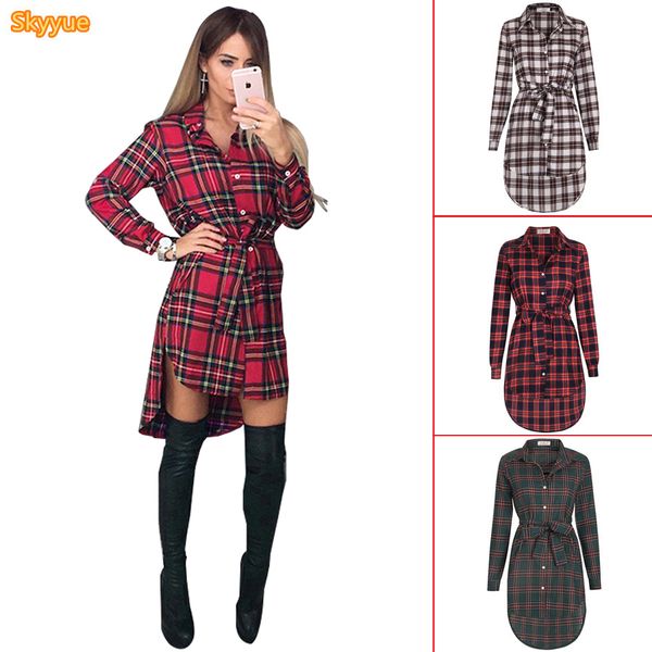 

2020 winter red plaid dress long sleeve casual plaid dress shirt bodycon plus size cotton plaid mini dress party vestidos, Black;gray