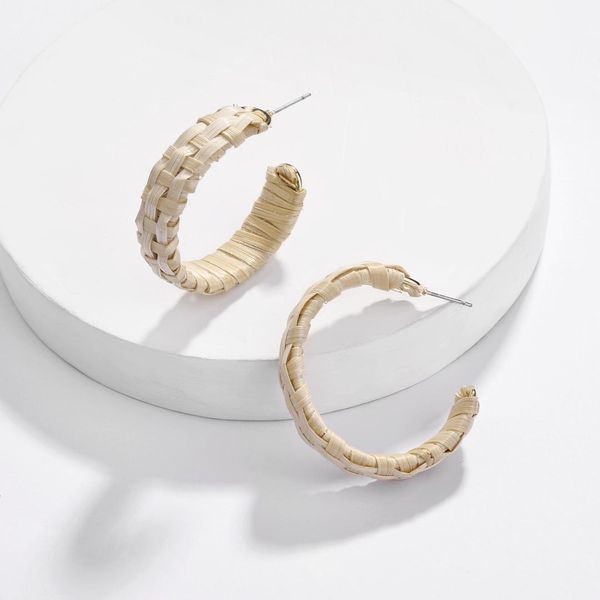 

handwoven natural rattan straw hoop earrings women new fashion handmade geometric braid c shape earrings bohemian jewelry, Golden;silver