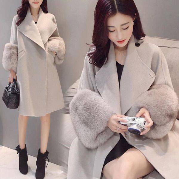 

autumn winter women coat long sleeve faux fur patchwork jacket turndown collar solid color pockets lady casual outwear cgu 8, Black
