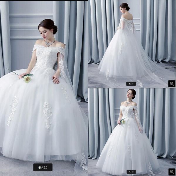 

new design 2019 ball gown off the shoulder wedding dress with cape lace appliques pearls princess pearls wedding gowns custom made, White