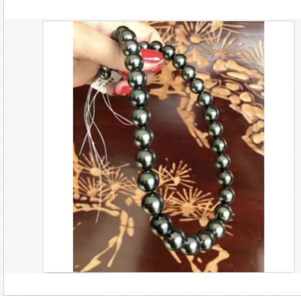 

2019 10-11mm tahitian round black green pearl necklace 18inch 925s, Silver