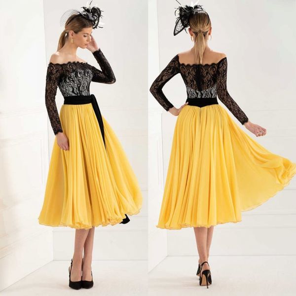 

fashion lace long sleeves mother of the bride dresses off the shoulder evening gowns tea length chiffon plus size wedding guest dress, Black;red