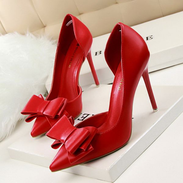 

korean style elegant sweet bow-tied high-heeled shoes thin heel high heel shallow mouth pointy side hollow out shoes, Black