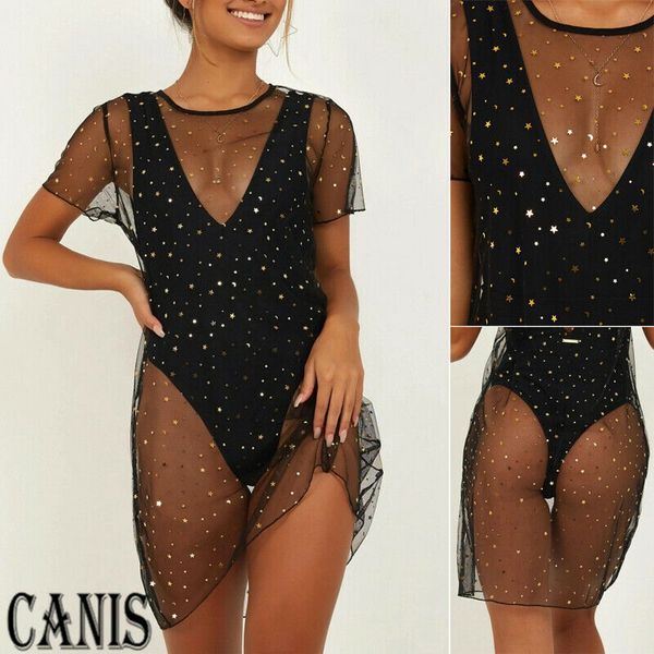 

women moon star sequin mesh bikini cover up swimwear bathing beach dress