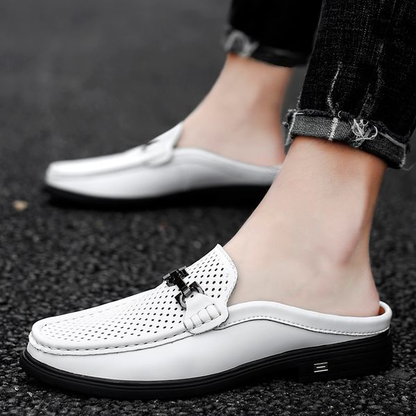 

casual summer loafers shoes black white lazy shoes male leather slipper half comfortable mules men walking driver