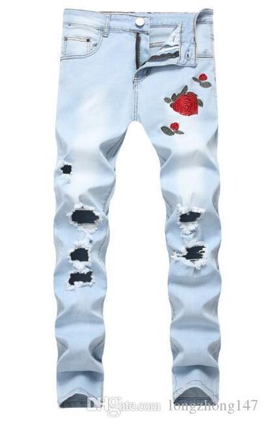 

mens jeans slim pattem denim jeans men fashion embroidery rose signer zipper pants mens straight jeans trousers size:xxs-xxxxxxl, Blue