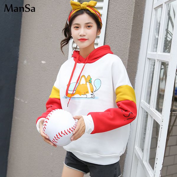 

hoodies women ulzzang thick fleece casual cartoon printed full sleeve hooded womens sweatshirts school students ladies pullover, Black