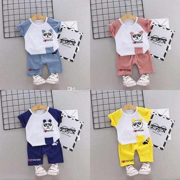 

2019 trend style summer cotton round collar cartoon panda pattern with short sleeve and shorts two pieces for boys and girls, White