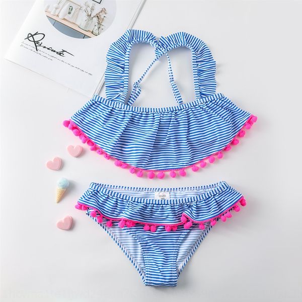

2019 children's split swimsuit craft bikini fur ball bikini wool ball lace girl stripes 3-14 years old, White;black