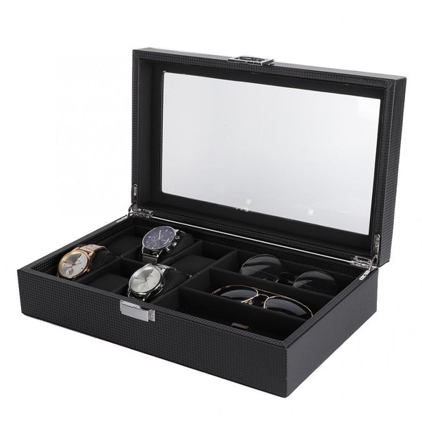 

luxury watch display black pu 6 slot glasses 3 slot watch storage box display organizer case container holder, Black;blue