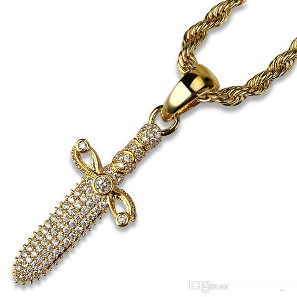 

luxury 18k gold plated sword hip hop necklaces pendant jewelry 2019 fashion vintage grade quality glaring zircon necklace, Silver