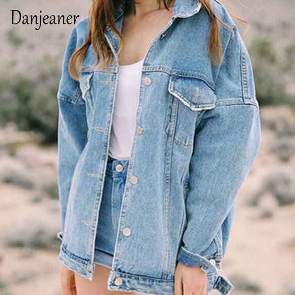 

danjeaner bf wind loose large size denim jacket female turn down collar coat casual jean jackets frayed pattern basic coat, Black;brown
