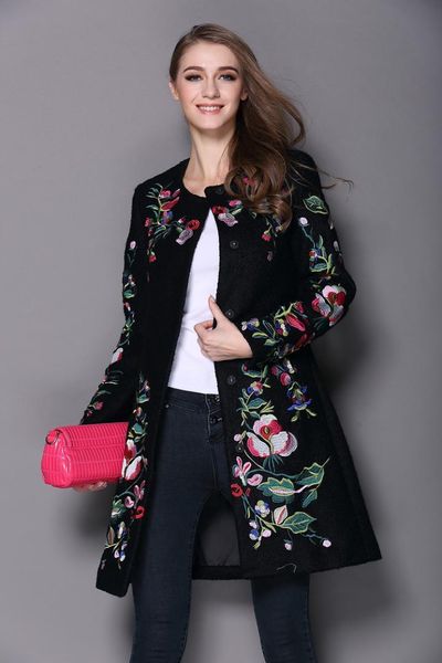 

style autumn winter long coat vintage embroidery cashmere trench slim black/white woolen coat overcoat