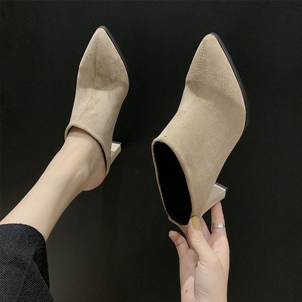 

2019 new women autumn mules short plush high heel ladies sewing suede soft slip on comfort pointed toe female fashion shoes, Black