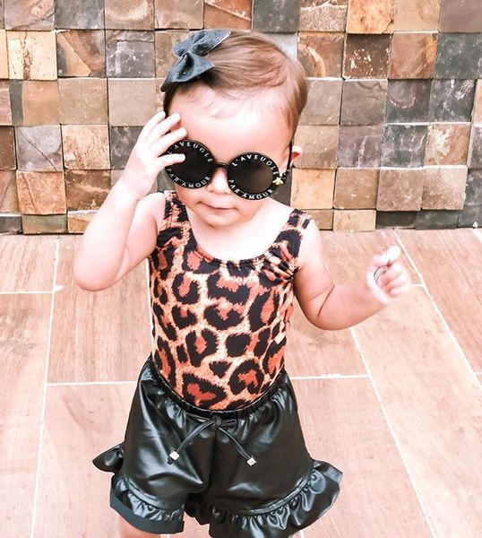 

1-4y leopard outfits infant baby girls clothing sets sleeveless vest + ruffles pu leather shorts summer clothes, White