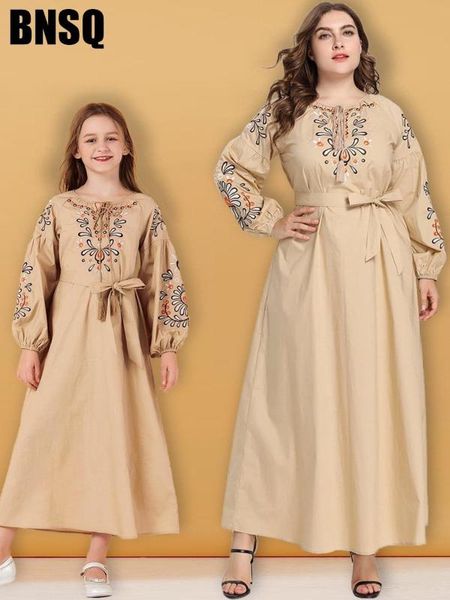 

mother daughter embroidery maxi dress muslim abaya children's wear family matching outfits kimono long robes eid ramadan islamic, Red