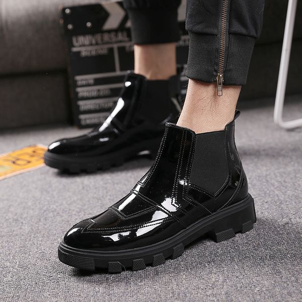

platform new men's fashion party nightclub dress patent leather boots spring autumn cowboy shoes boots high ankle botas, Black