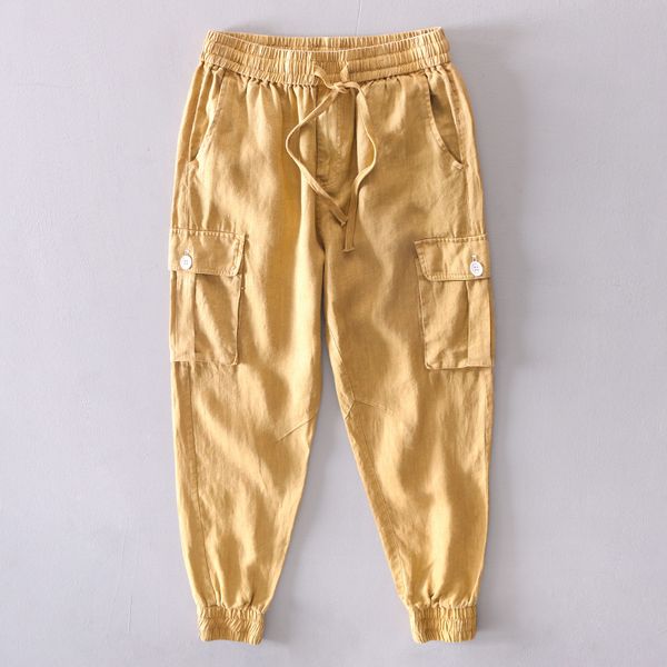 

#4737 spring summer 100% linen pants men elastic waist vintage casual japanese streetwear pencil harem pants with pockets, Black