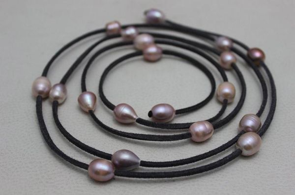 

новый arriver кожа жемчужные украшения темно-серая кожа натуральный фиолетовый пресноводный жемчуг ожерелье 10x12mm 48 дюймов, Silver