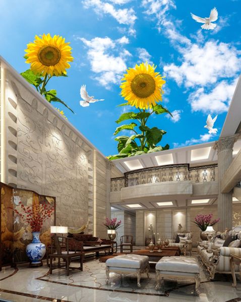 

3d ceiling murals wallpaper blue sky white cloud sunflower pigeon 3d ceiling