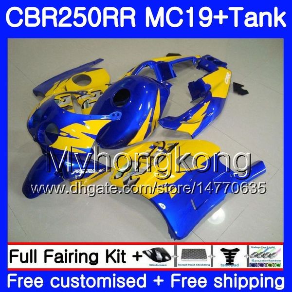 Spritzgusskörper + Tank für HONDA CBR 250RR 250R CBR250RR 88 89 261HM.20 CBR 250 RR MC19 CBR250 RR 1988 1989 gelb blaues Licht Verkleidungsset