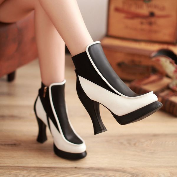 

womens platform ankle boots block super high heel fleece liner side zip warm winter black white match colors shoes c881