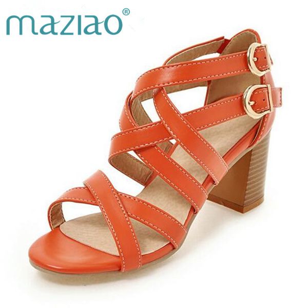 

sandals maziao women shoes 2021 high heels cross strap gladiator rome open toe chunky heel orange beige size 34-43, Black