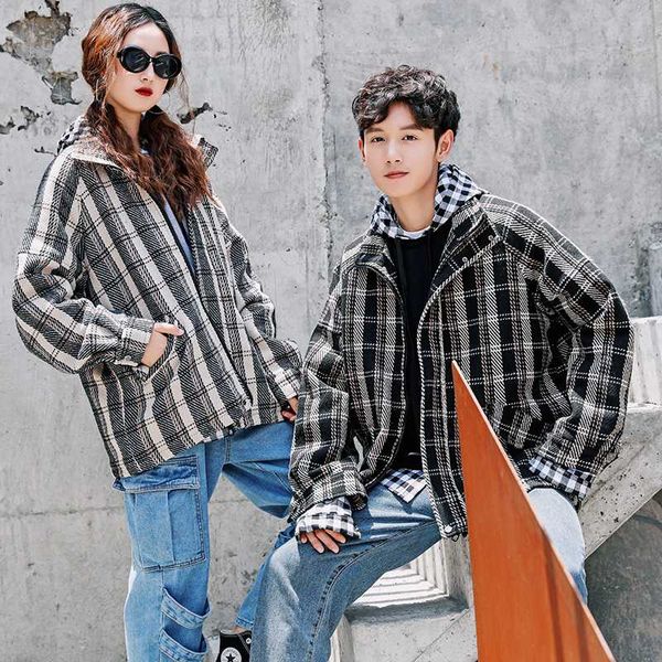 

men's jackets uyuk autumn style couples retro plaid youth loose casual trend with students jacket hombre streetwear clothes, Black;brown