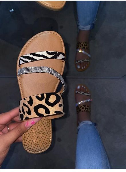 

2020 bling summer shoes women rhinestone sandals leopard print slip-on beach shoes shallow flat ladies outdoor holiday slipper41, Black