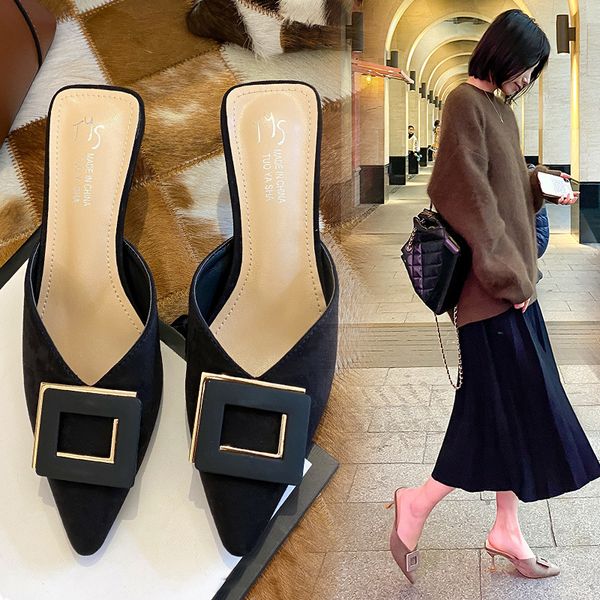 

female shoes pointed toe loafers rivet med slippers casual thin heels slides 2020 luxury summer flat cover soft rubber pu metal, Black