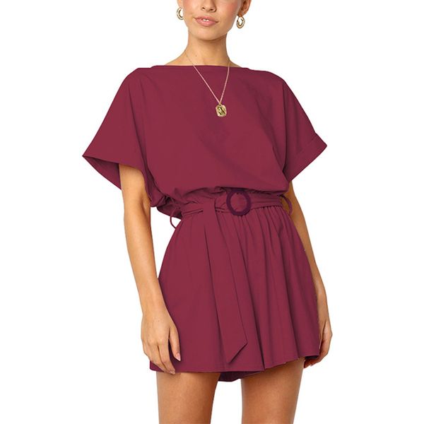 

new short sleeve solid color round collar belt casual set, White