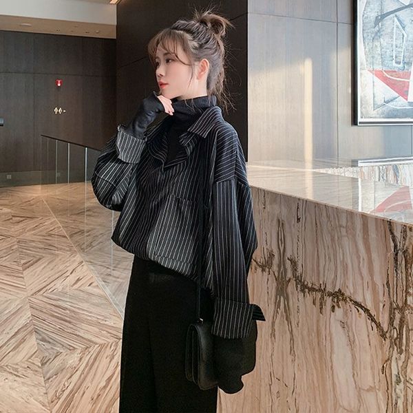 

2020 spring and autumn high-necked shirt long-sleeved black and white striped stylish blouse loose large size long women 206