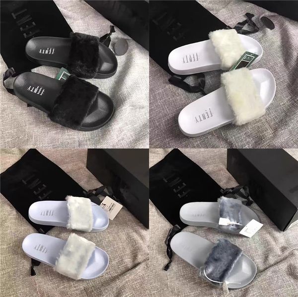 

new ffy faux fur slides women fur slippers furry raccoon sandals fake fox fur flip flops home fuzzy woman casual plush shoes#997, Black