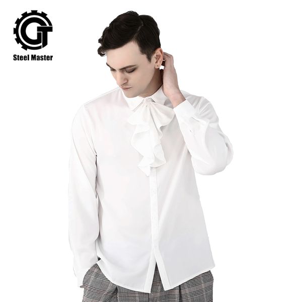 

mens white shirts long sleeve detachable lotus leaf collar male slim fit casual solid night club banquet dress shirt, White;black