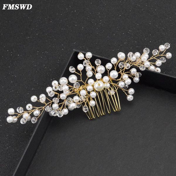 

fmswd baroque silver bride head comb pearl hair accessories girl head jewelry handmade crystal hair comb wedding gold headdress, Golden;white