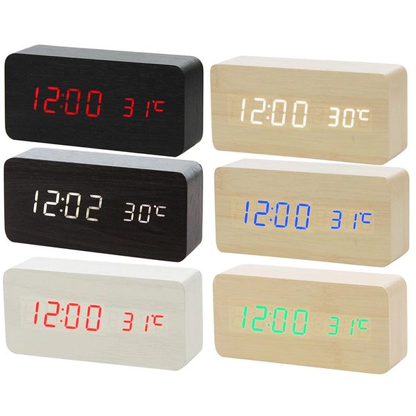 

multicolor sounds control wooden clock modern wood digital led desk alarm clock timer calendar table decor