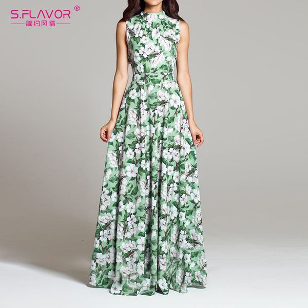 

s.flavor women floral printing maxi dress elegant o neck sleeveless bohemian long dress women sleeveless beach vestidos de, Black;gray