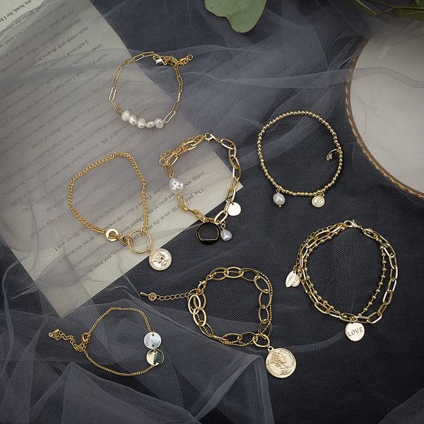 

kmvexo simulated pearl lock chain bracelet gold color multilayers metal coin love portrait bracelets bangles for women jewelry, Black